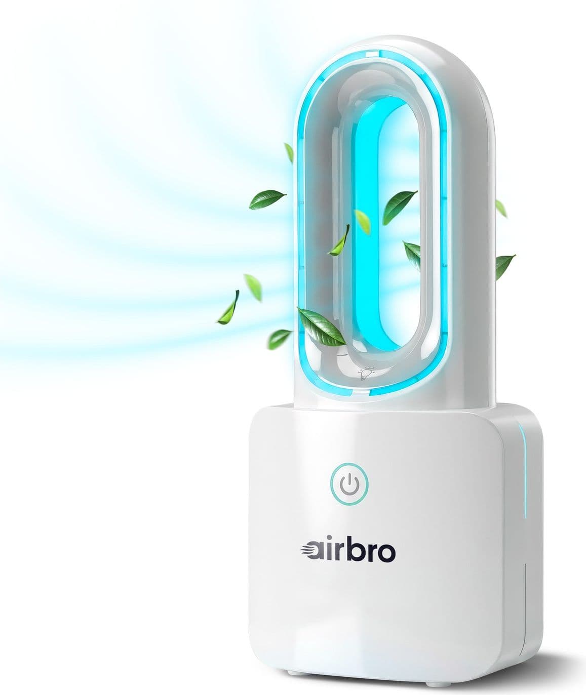 Airbro FBL-13R bladeless fan on a white background with graphic effects showing airflow and floating green leaves.