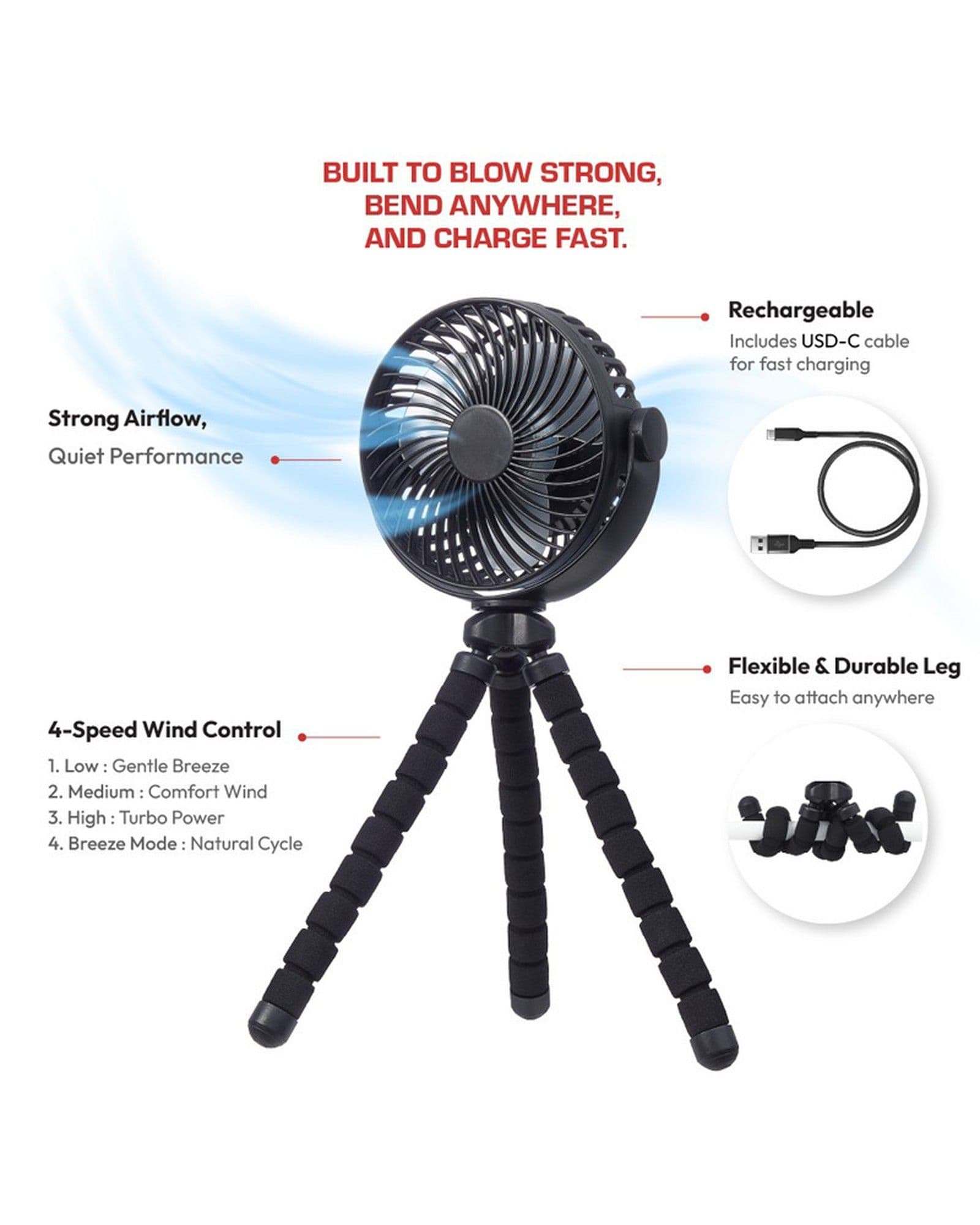 Airbro FFX-50 portable fan with flexible tripod legs, featuring text callouts for its features and charging cable.