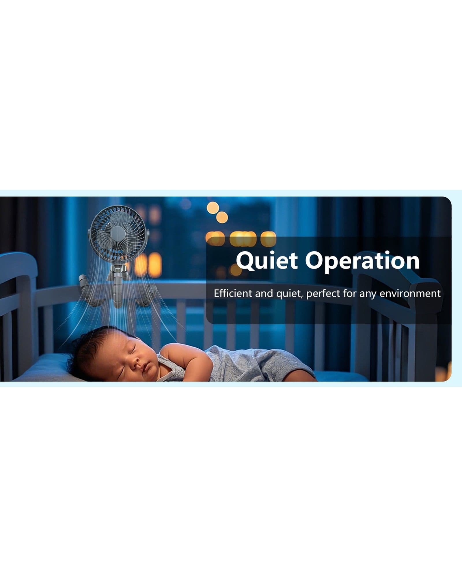 Airbro FFX-50 fan clipped to a baby crib with text overlay highlighting quiet operation.