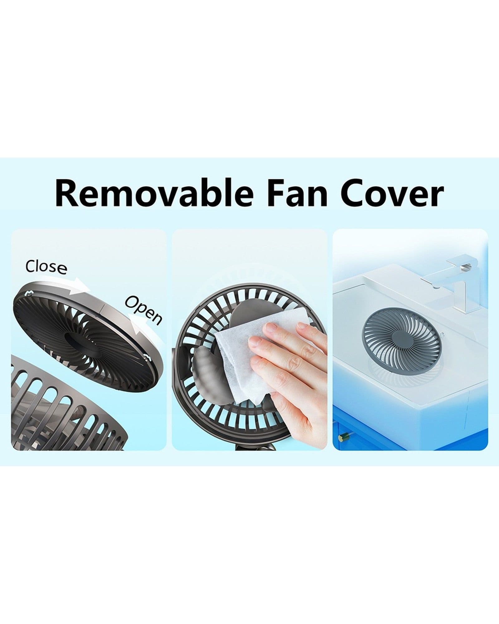 Marketing graphic showing how to open, clean, and reassemble the removable cover of an Airbro FFX-50 portable fan.