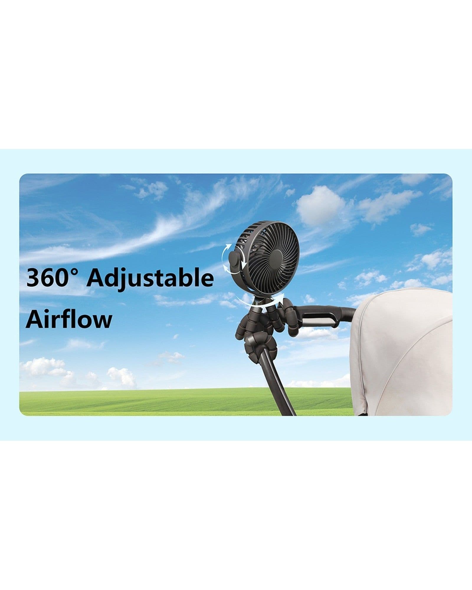 Airbro FFX-50 portable fan attached to a stroller with text overlay highlighting 360-degree adjustable airflow.
