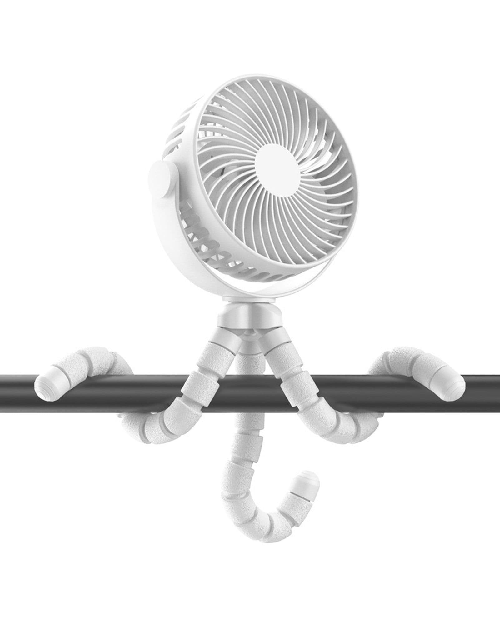 Airbro FFX-50 white portable fan with a flexible tripod base wrapped around a horizontal black bar.