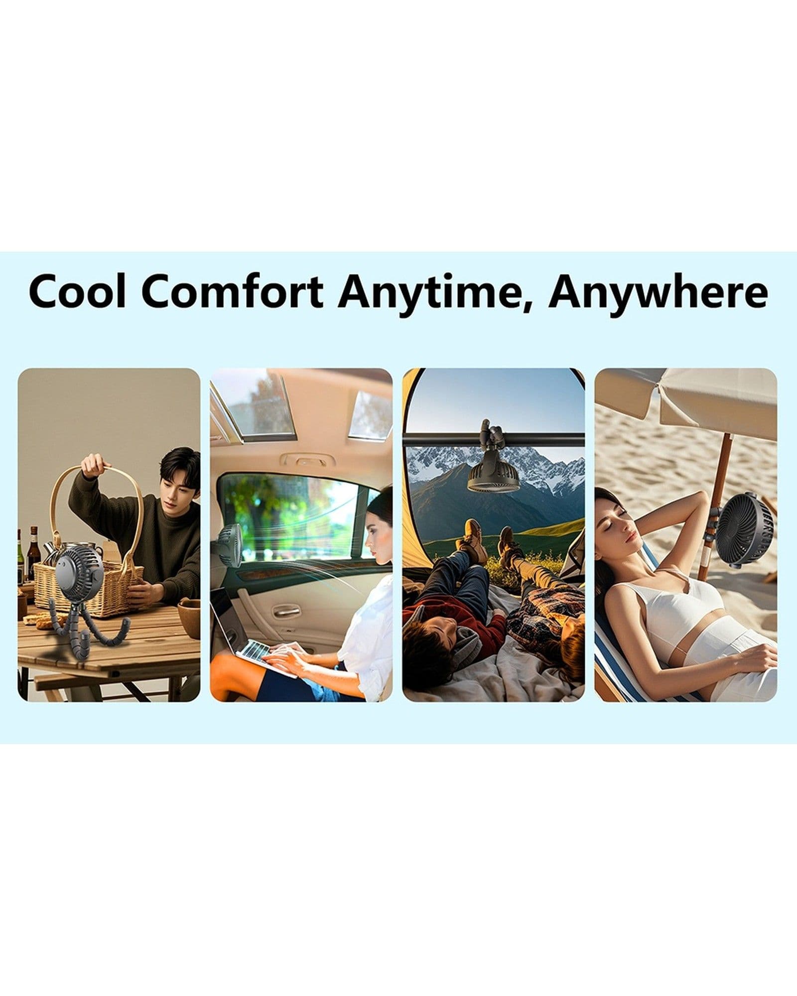 A marketing graphic showing the Airbro FFX-50 portable fan in various lifestyle settings like camping and the beach.