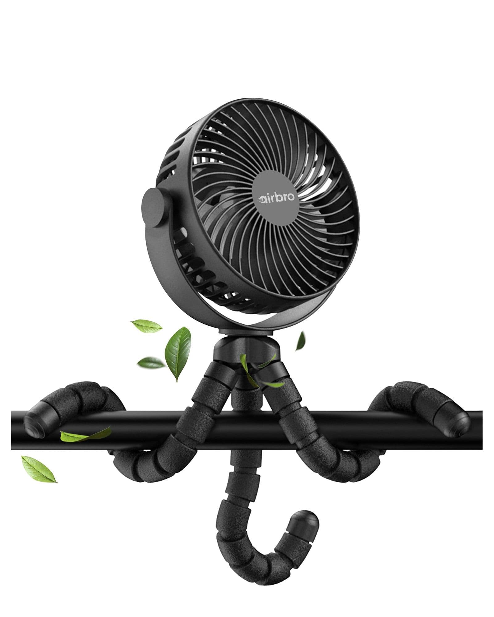 Airbro FFX-50 portable fan with a flexible tripod base wrapped around a horizontal bar, with floating green leaves.