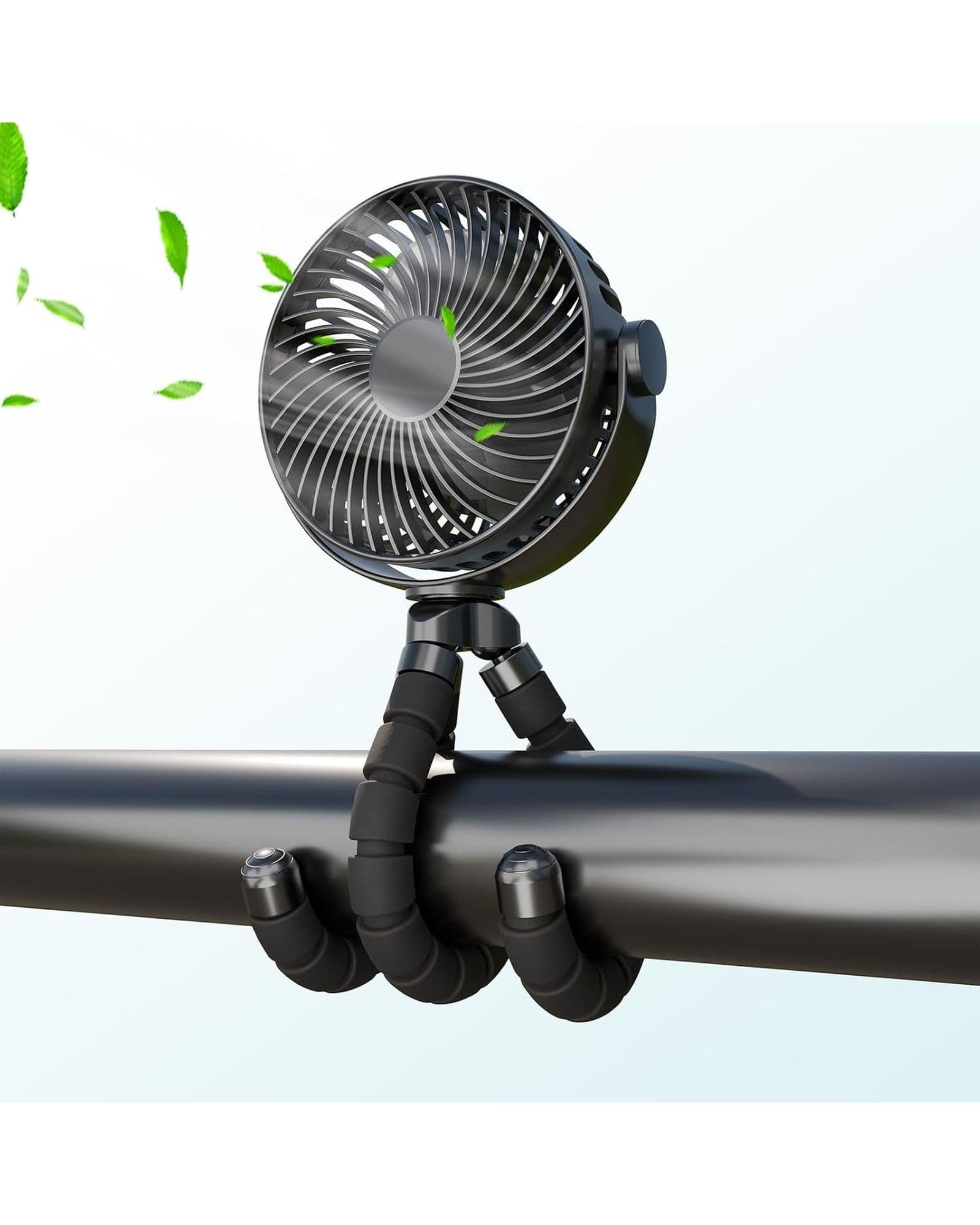 Airbro FFX-50 portable fan with a flexible tripod base wrapped around a horizontal bar, with floating green leaves.