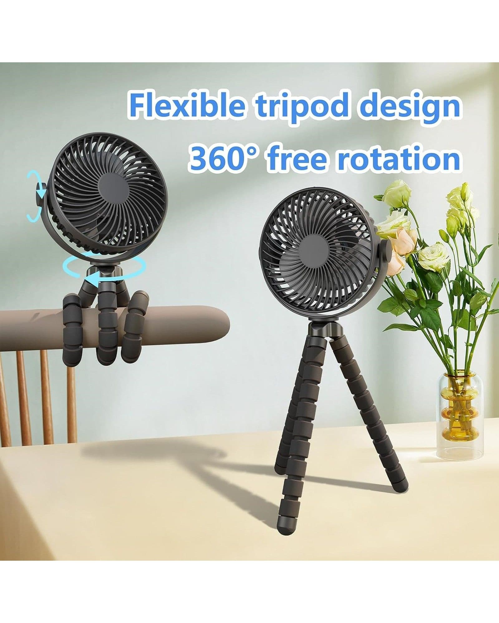Airbro FFX-50 portable fan with flexible tripod legs shown in two positions with text overlays about its features.