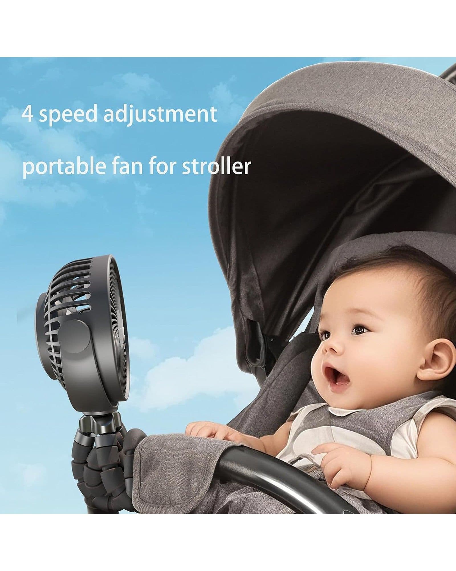 Airbro FFX-50 portable fan attached to a baby stroller with text overlay describing 4 speed adjustments.