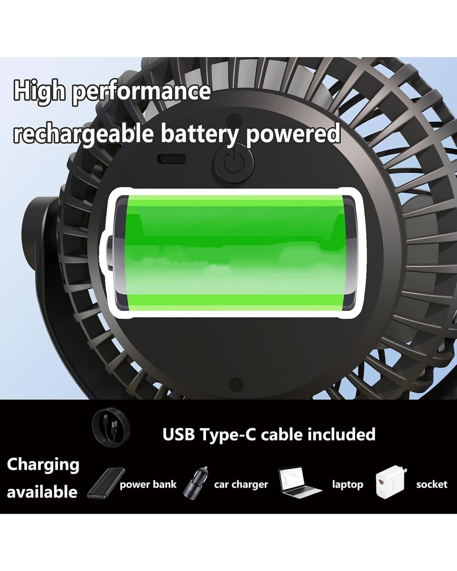 Airbro FFX-50 fan graphic highlighting rechargeable battery power and USB Type-C charging compatibility.