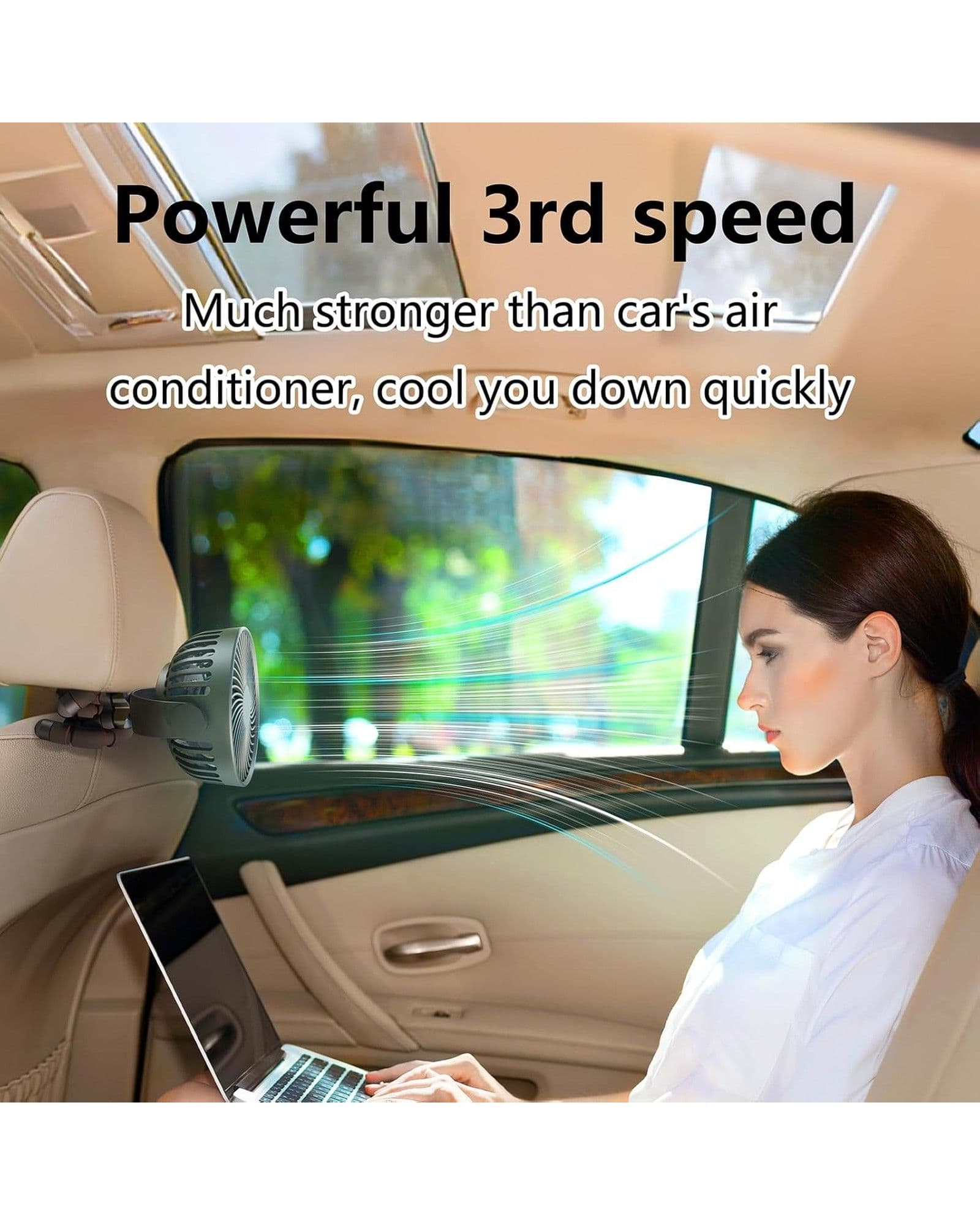 Airbro FFX-50 car fan mounted on a headrest, cooling a woman using a laptop in the backseat with marketing text.