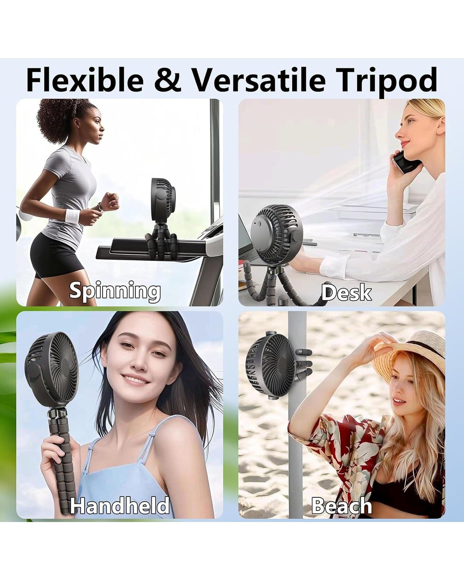Marketing graphic showing the Airbro FFX-50 portable fan used on a treadmill, desk, as a handheld, and at the beach.