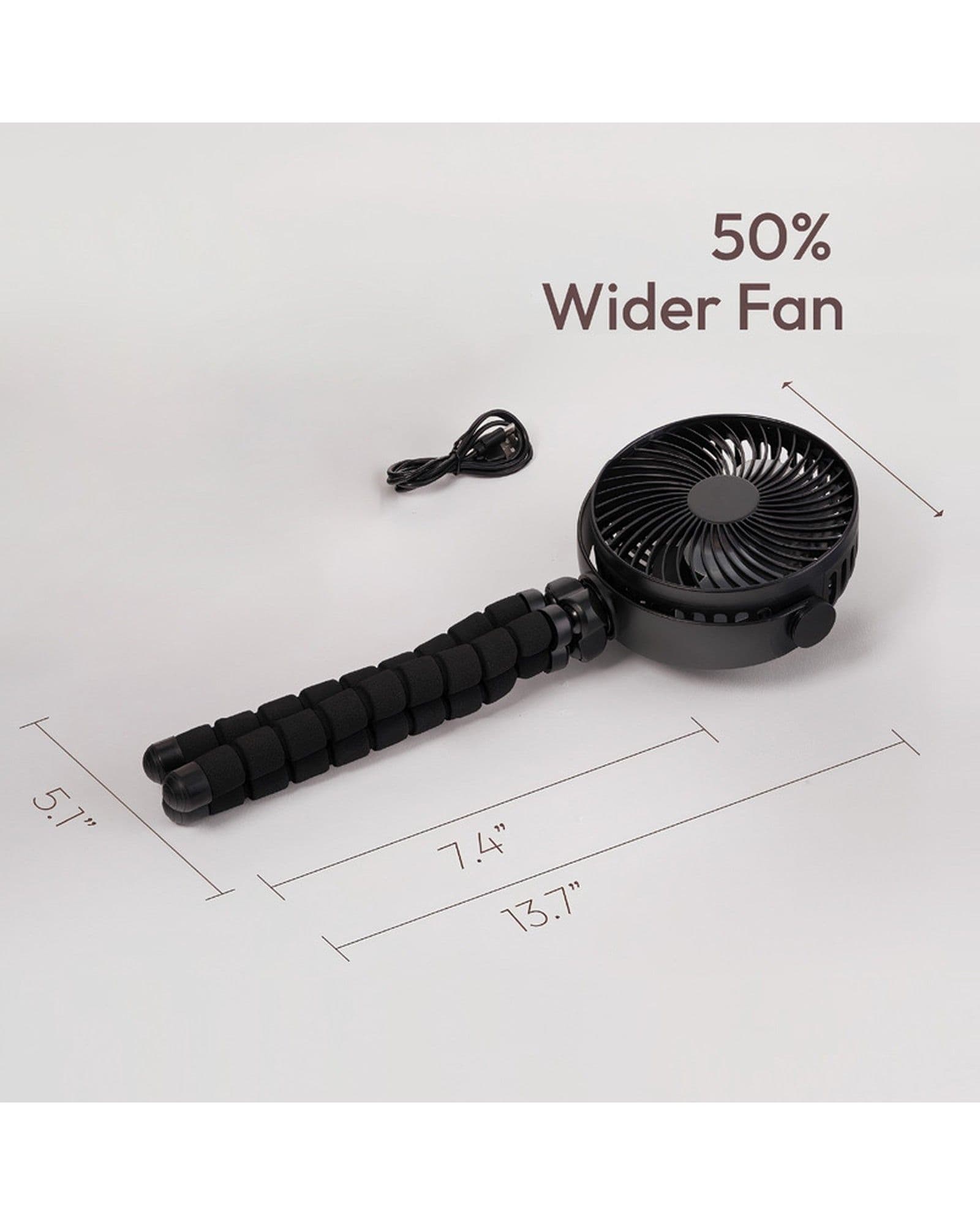 Airbro FFX-50 portable fan with flexible tripod stand, showing dimensions and a 50% wider fan feature overlay.
