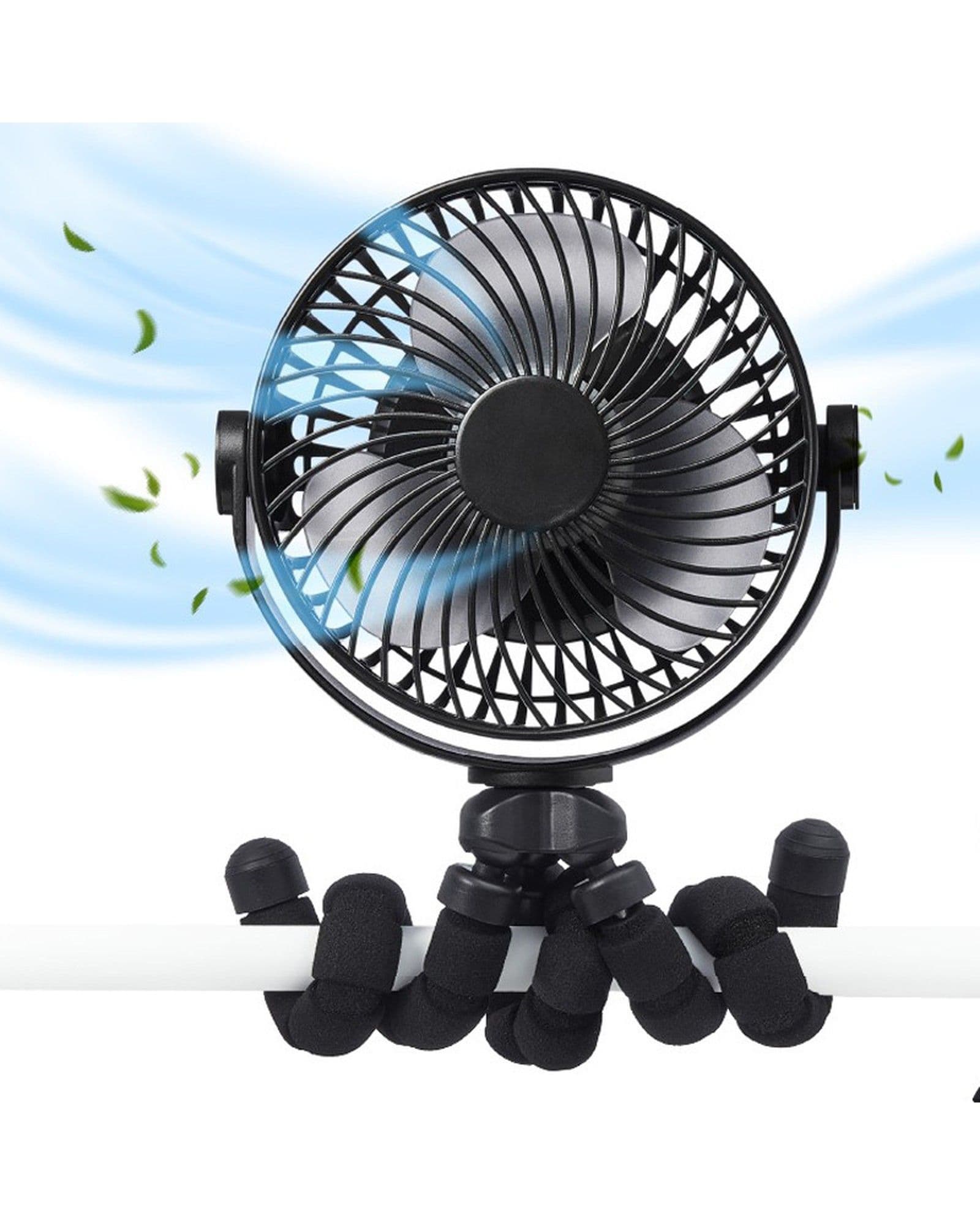 Airbro FFX-50 portable fan with a flexible tripod base wrapped around a bar, featuring motion blur and leaf graphics.