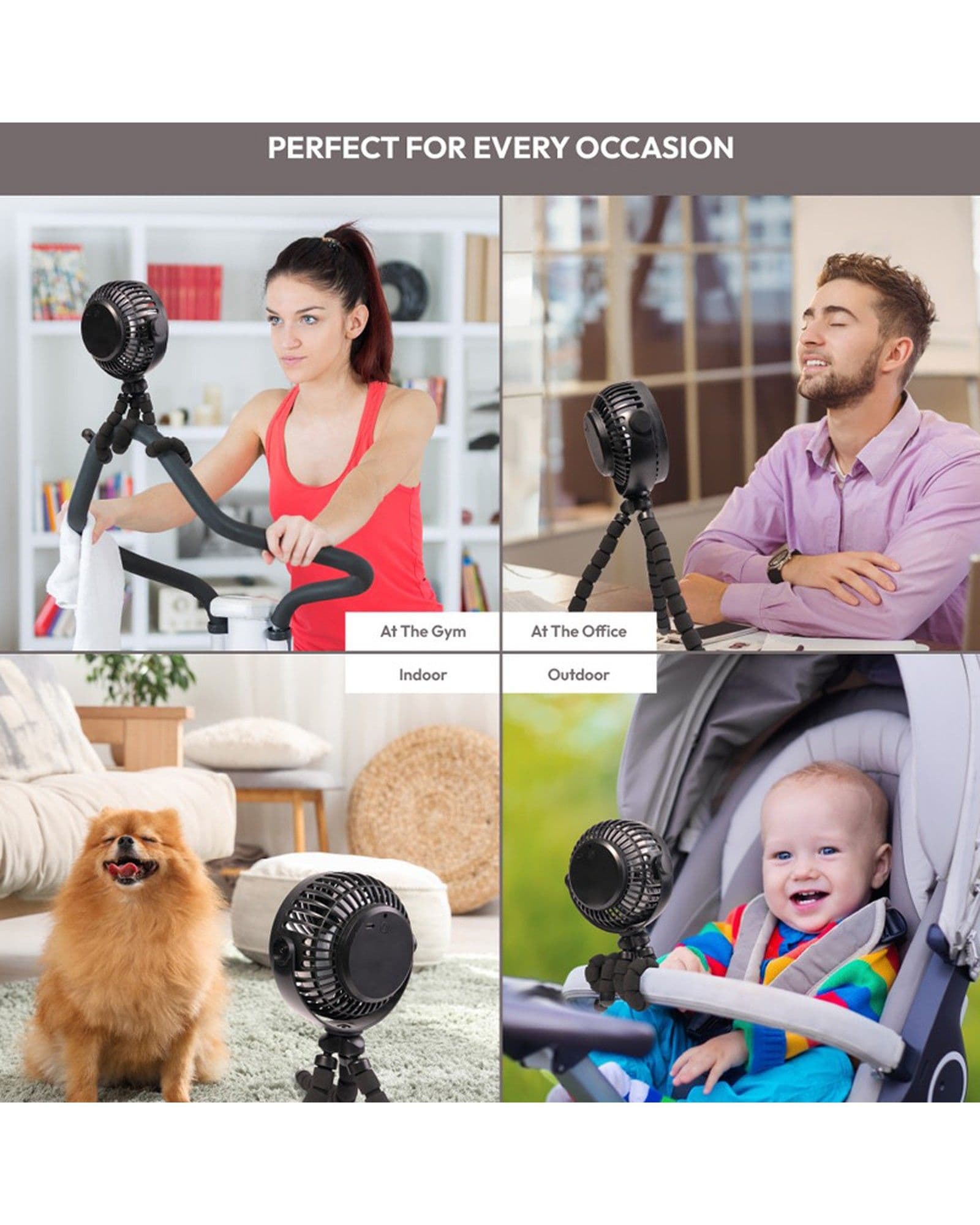 A marketing graphic showing the Airbro FFX-50 portable fan used in various settings like a gym, office, and stroller.