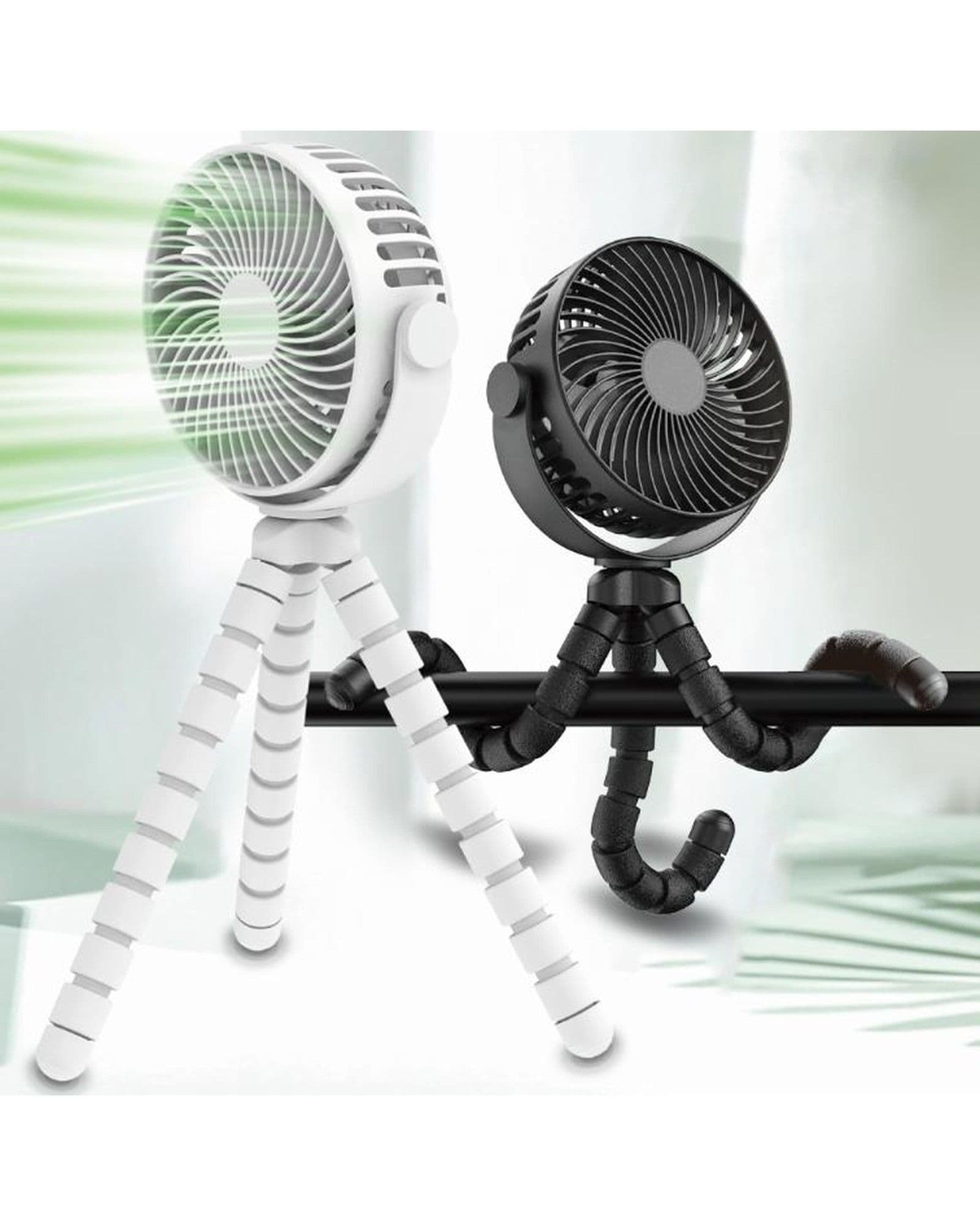 White and black Airbro FFX-50 portable fans with flexible tripod legs, one standing and one wrapped around a bar.