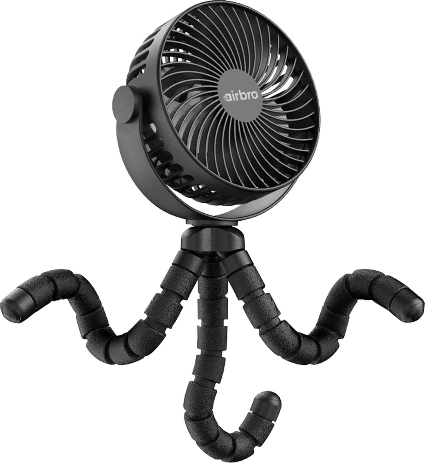 Airbro FFX-50 portable black fan with a flexible, three-legged tripod stand on a white background.