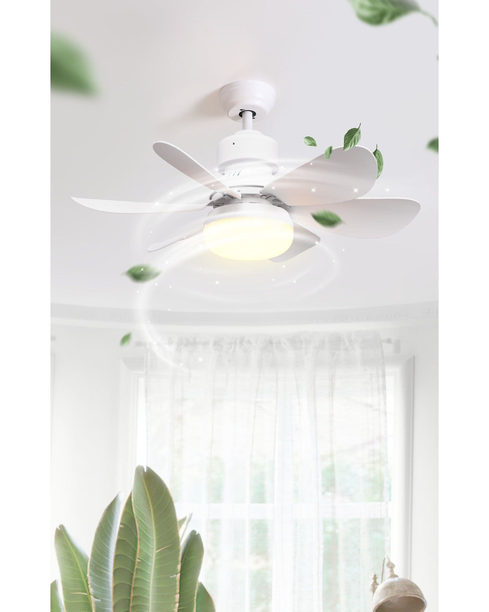 Airbro FLA-21 white ceiling fan with integrated light, shown in a bright room with a plant and sheer curtains.