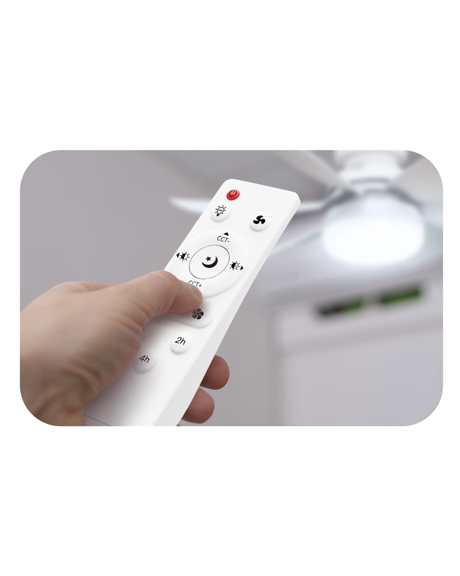 A hand holding a white Airbro FLA-21 remote control pointed toward a ceiling fan with a light.