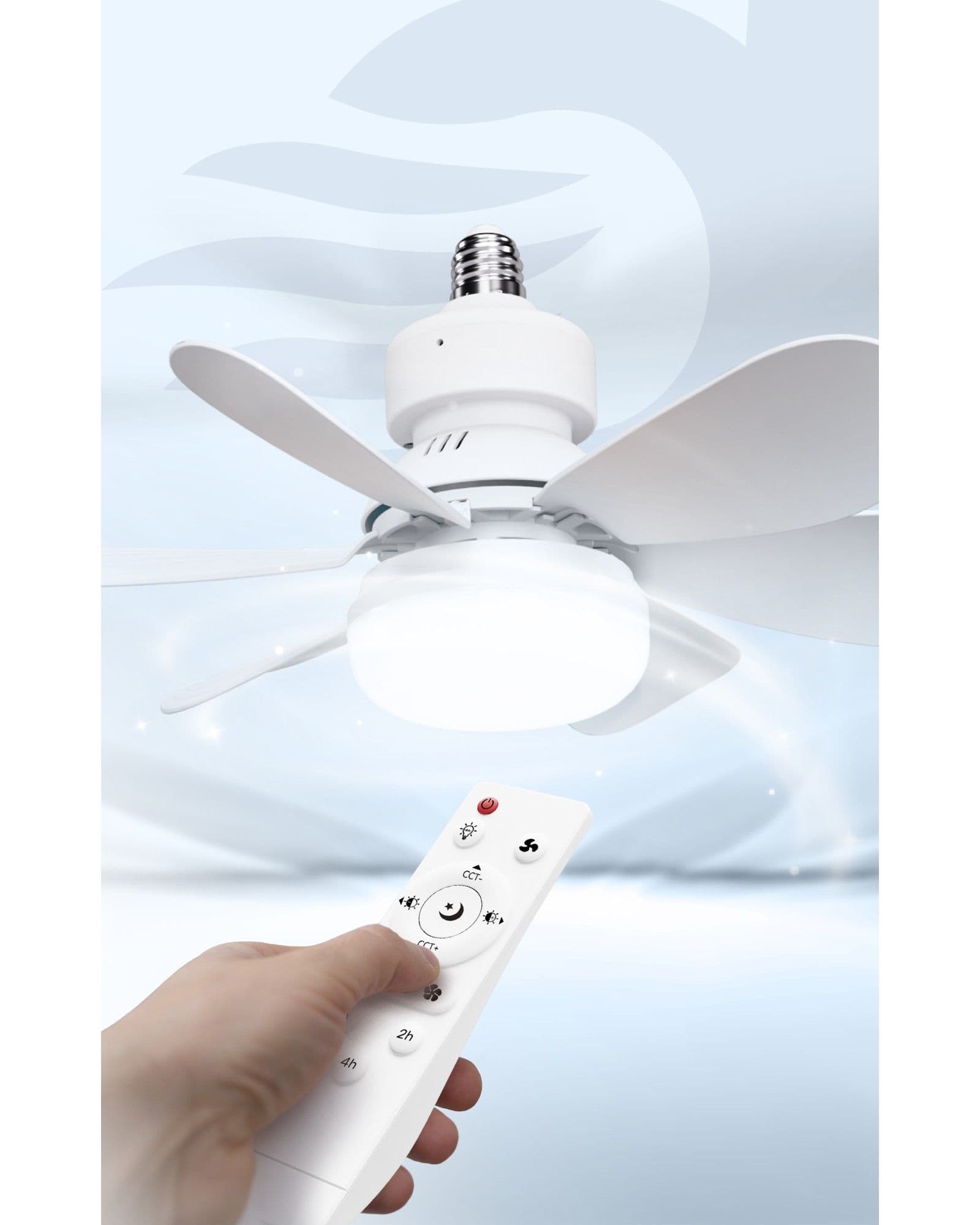 A hand holding a remote control pointing at an Airbro FLA-21 ceiling fan light bulb against a stylized blue background.