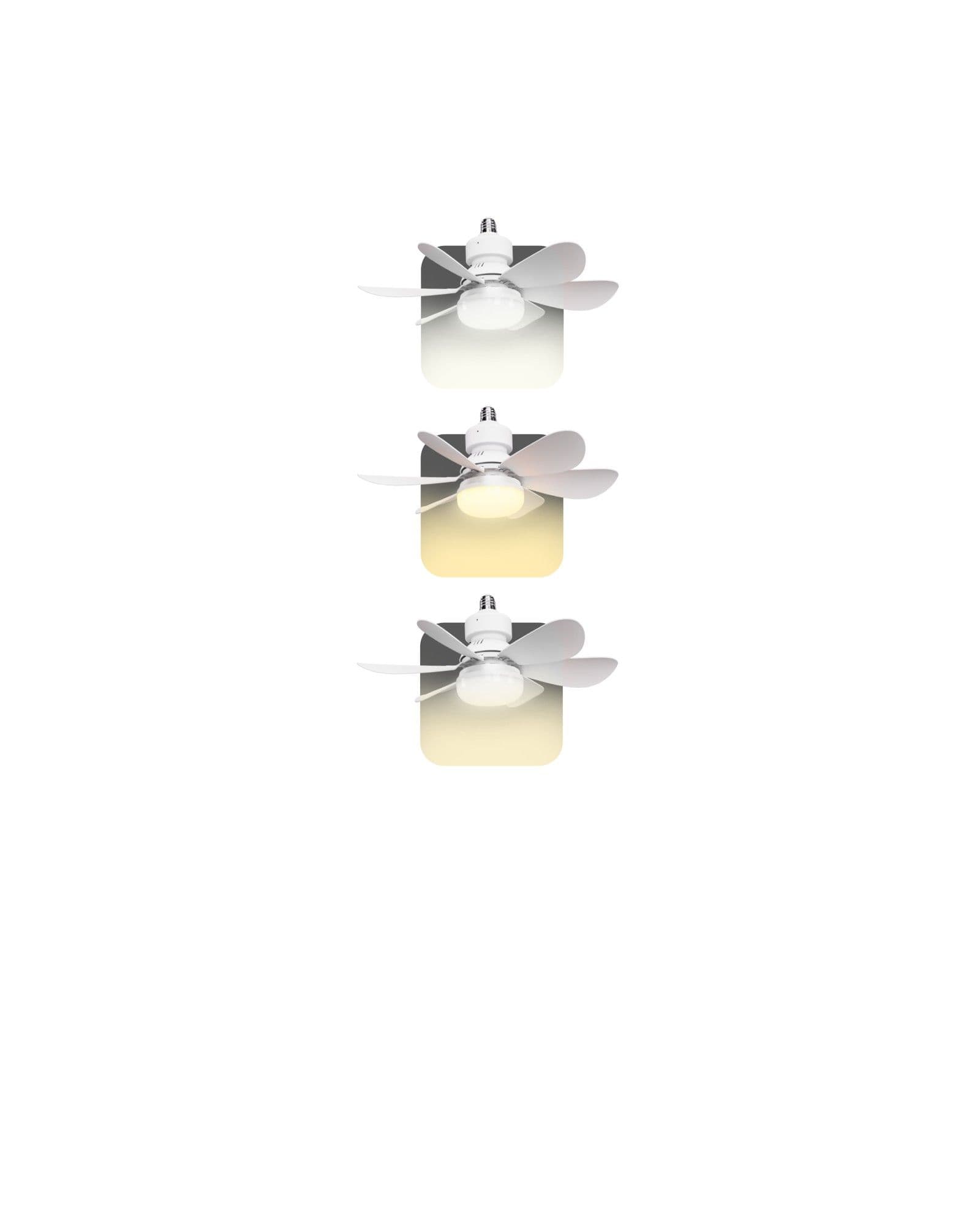 Three Airbro FLA-21 ceiling fan light bulbs shown in a vertical stack, demonstrating different light color temperatures.