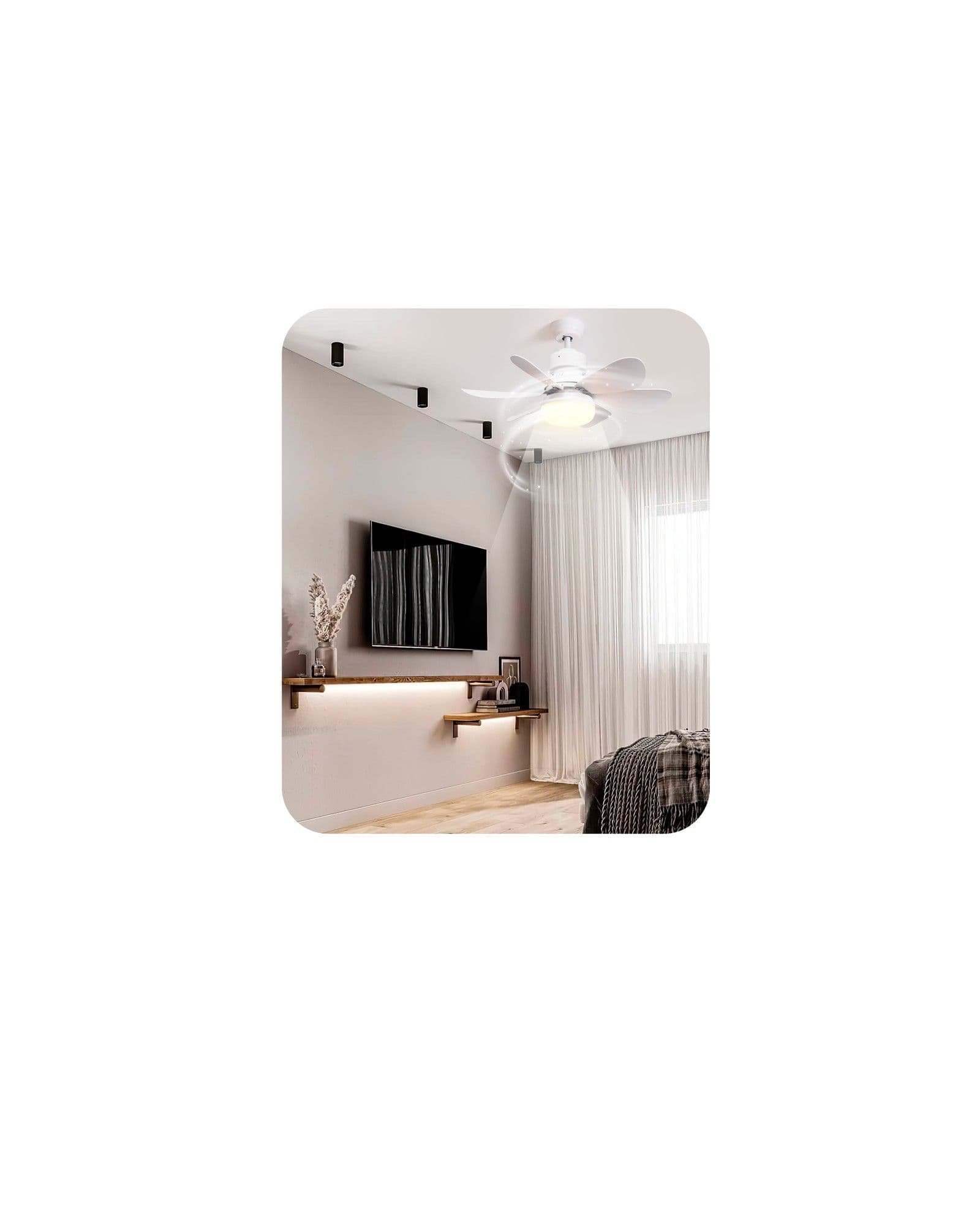 Airbro FLA-21 ceiling fan with light installed in a modern bedroom with a wall-mounted TV and floating shelves.
