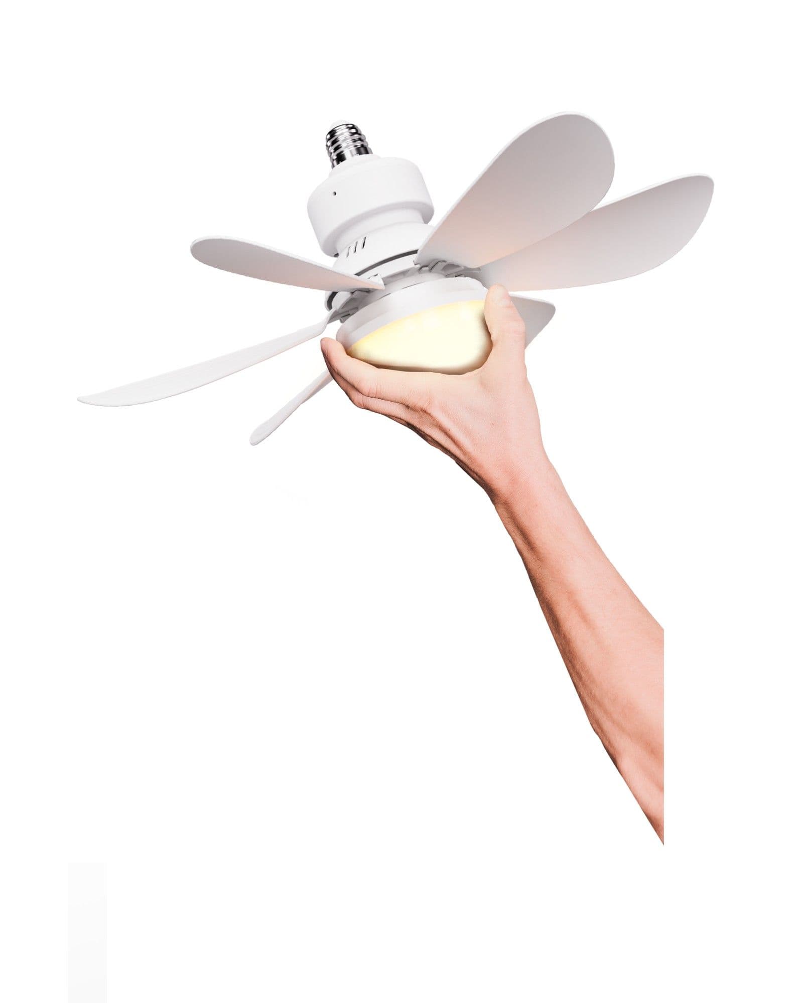 A hand holding an Airbro FLA-21 white ceiling fan light bulb against a plain white background.