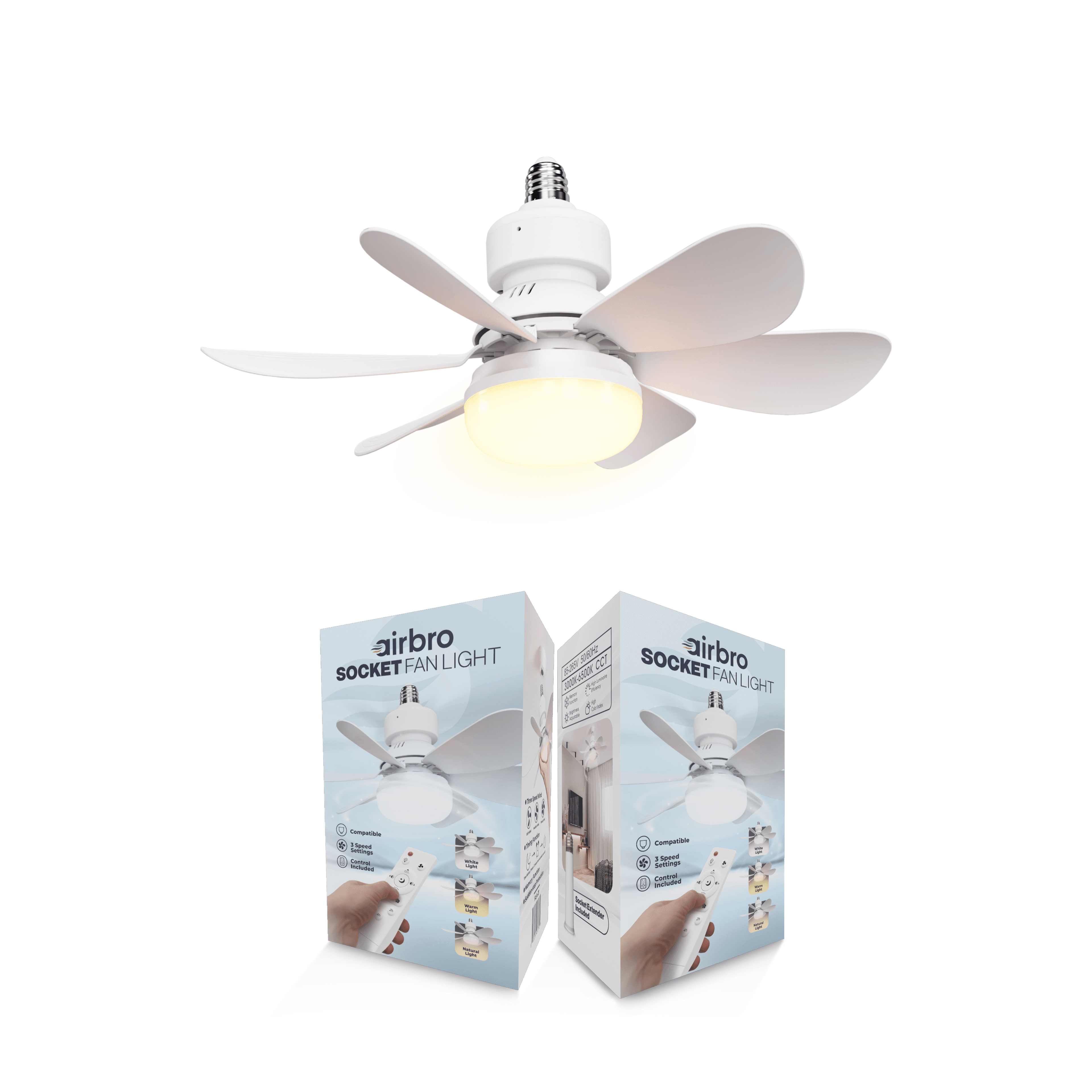Airbro FLA-21 socket fan light shown with its retail packaging boxes featuring product details and branding.