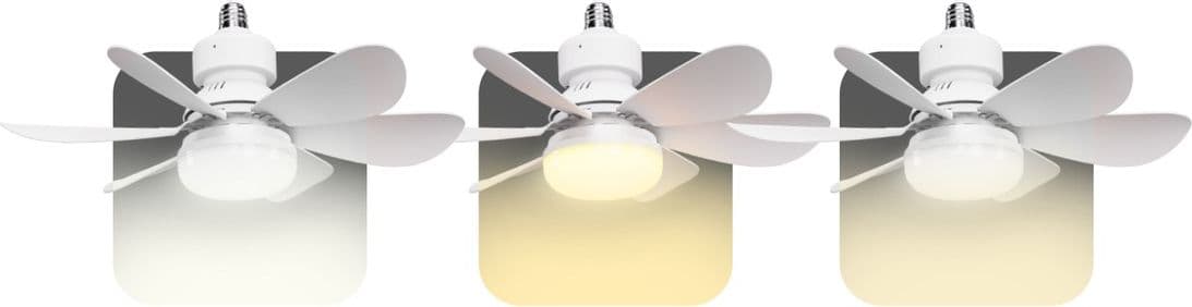 Three Airbro FLA-21 ceiling fan light bulbs shown side-by-side with different color temperature settings.