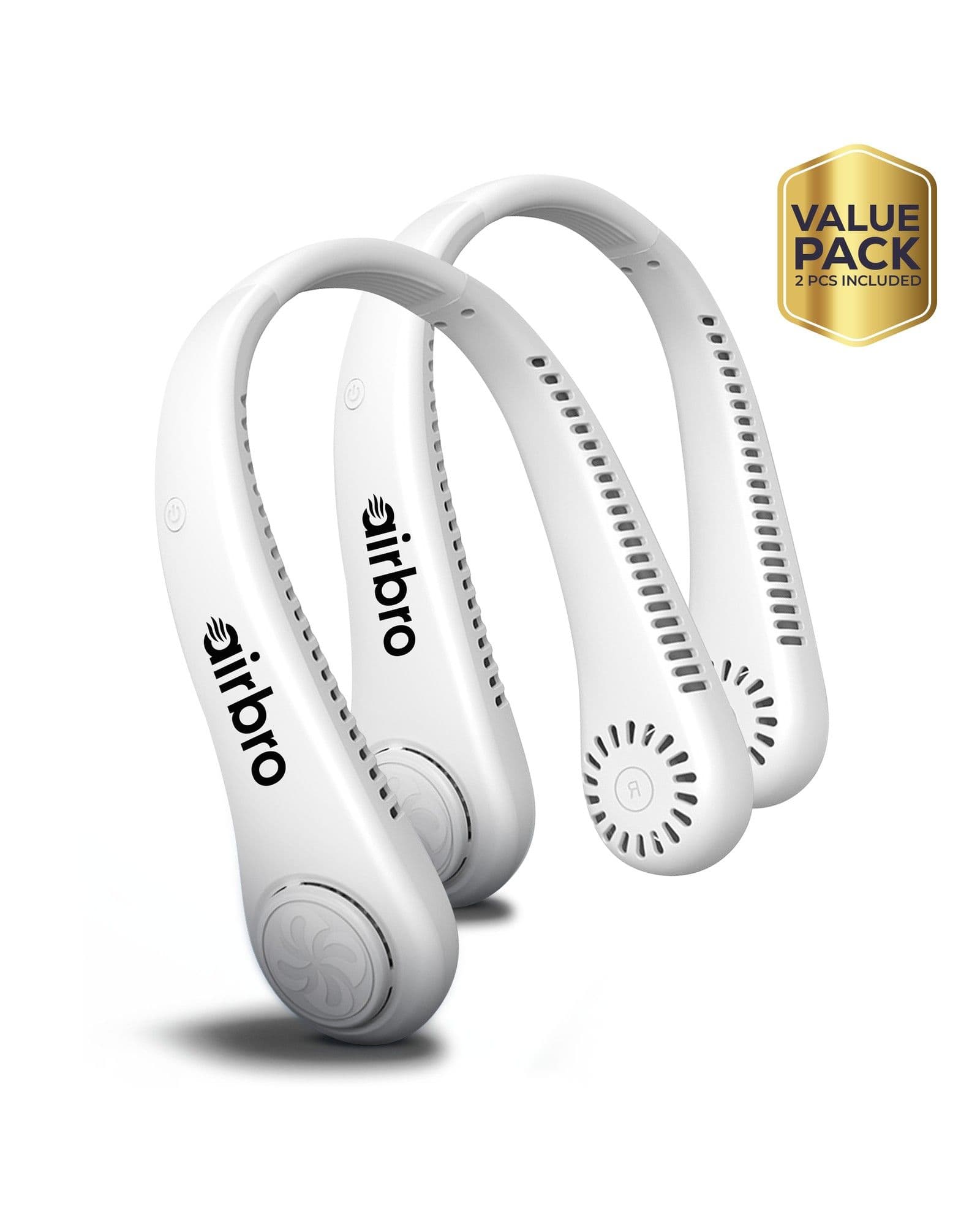 Two white Airbro FNE-100 wearable neck fans on a white background with a gold Value Pack badge.