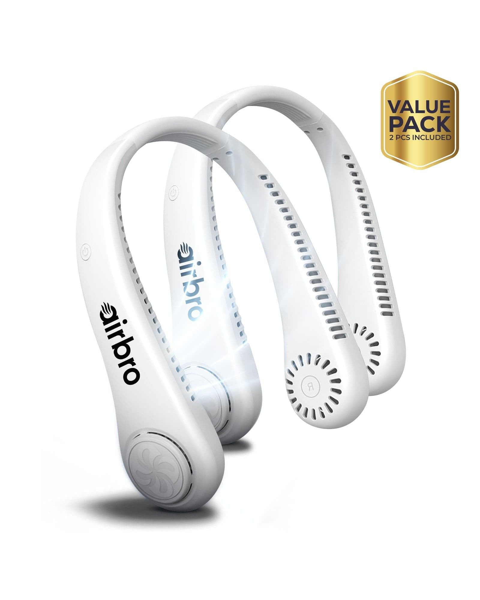 Two white Airbro FNE-100 wearable neck fans on a white background with a gold Value Pack badge.