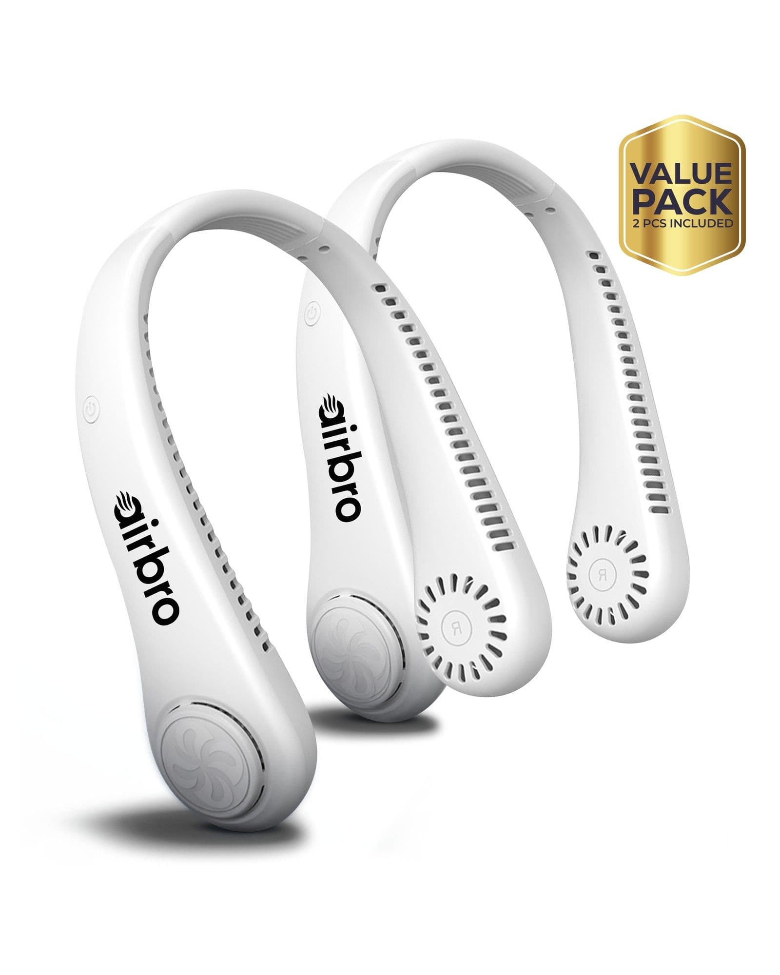 Two white Airbro FNE-100 wearable neck fans on a white background with a gold Value Pack badge.
