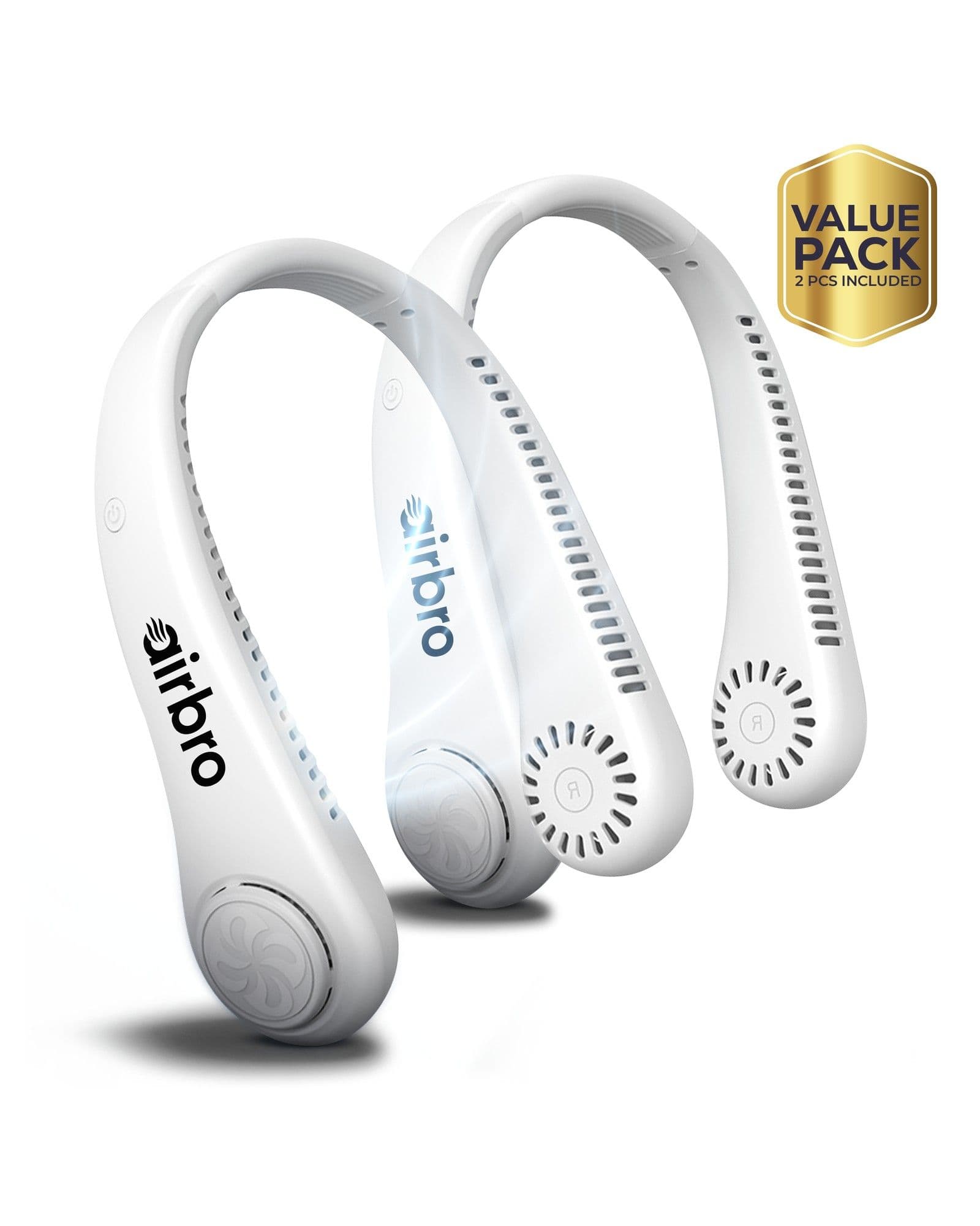 Two white Airbro FNE-100 wearable neck fans shown together with a gold Value Pack badge on a white background.