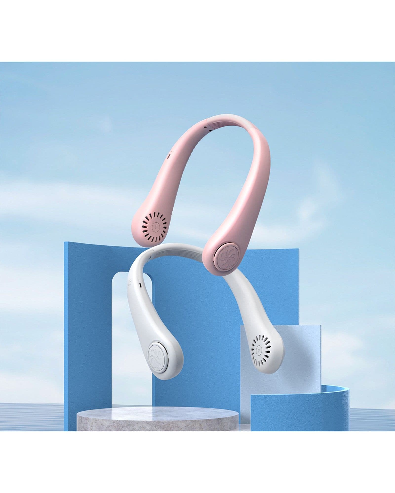 A pink and a white Airbro FNE-100 wearable neck fan displayed on a blue geometric platform against a sky background.
