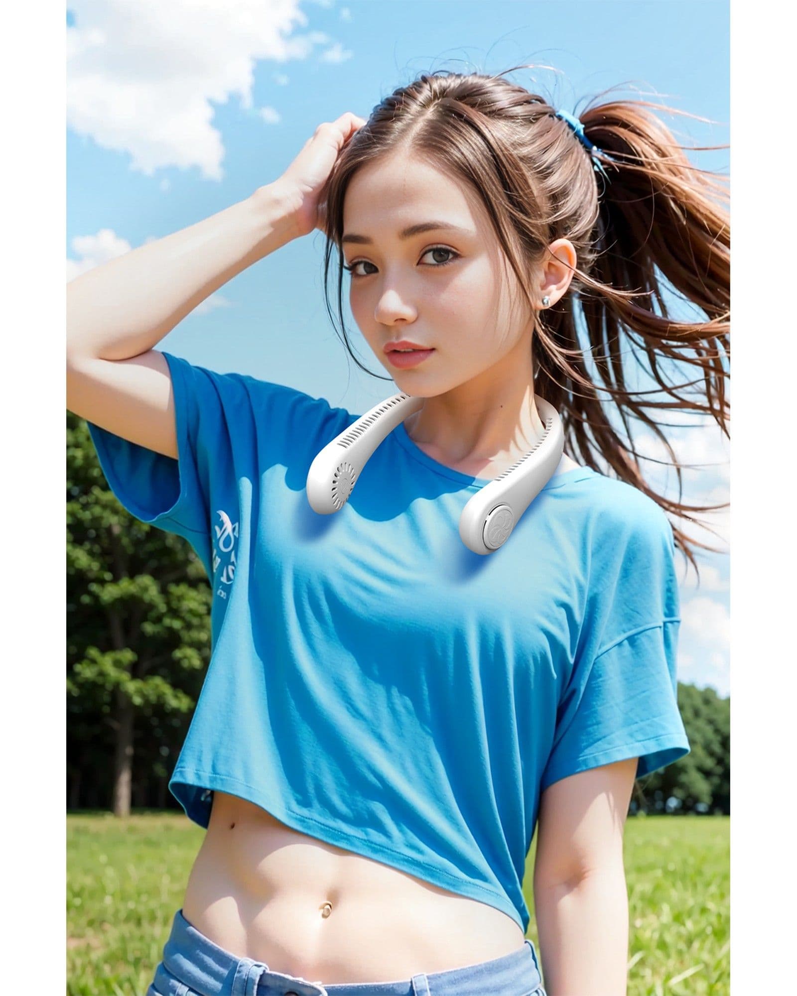 A young woman wearing an Airbro FNE-100 portable neck fan outdoors in a grassy field under a blue sky.