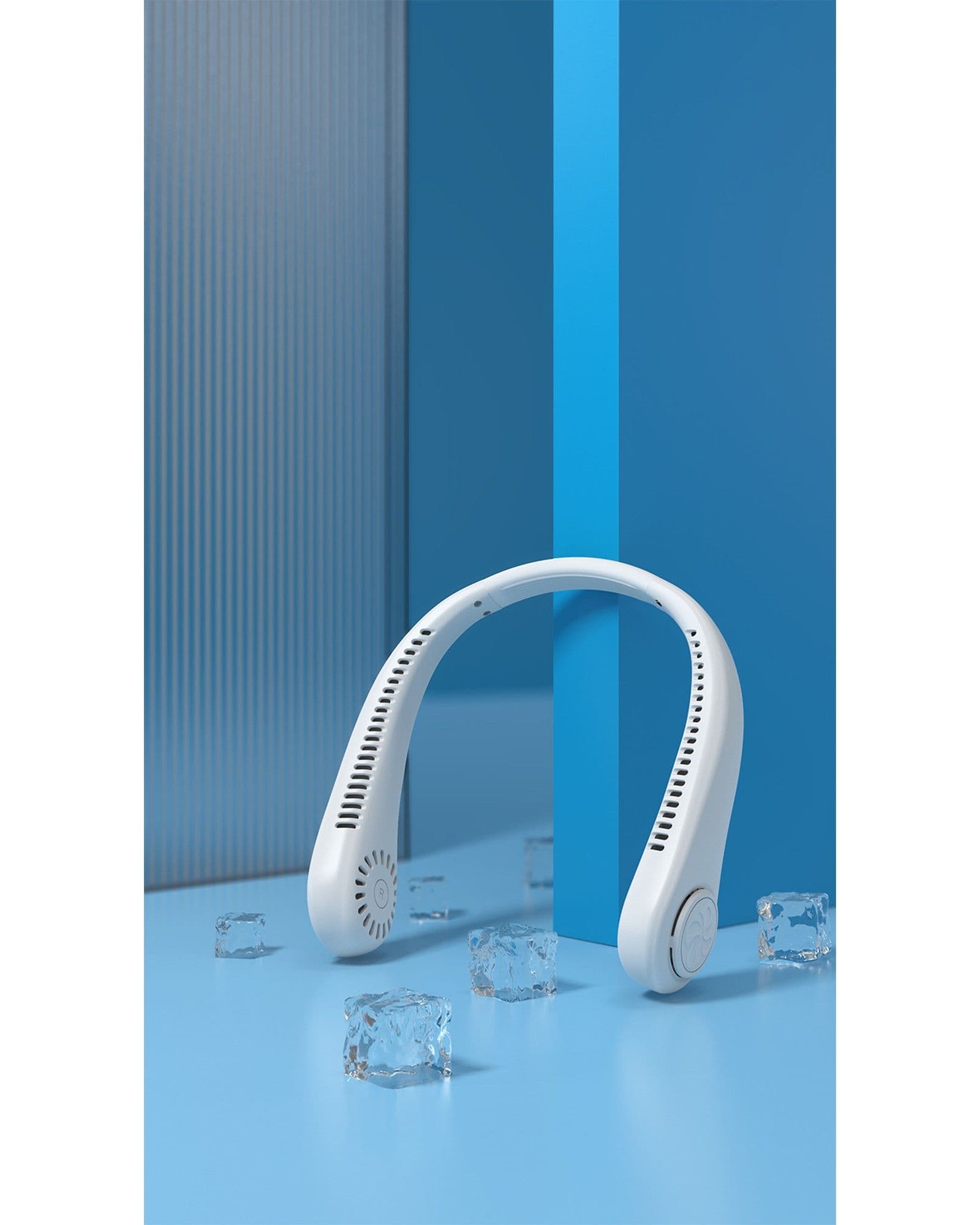 Airbro FNE-100 white wearable neck fan displayed on a blue surface with decorative ice cubes.