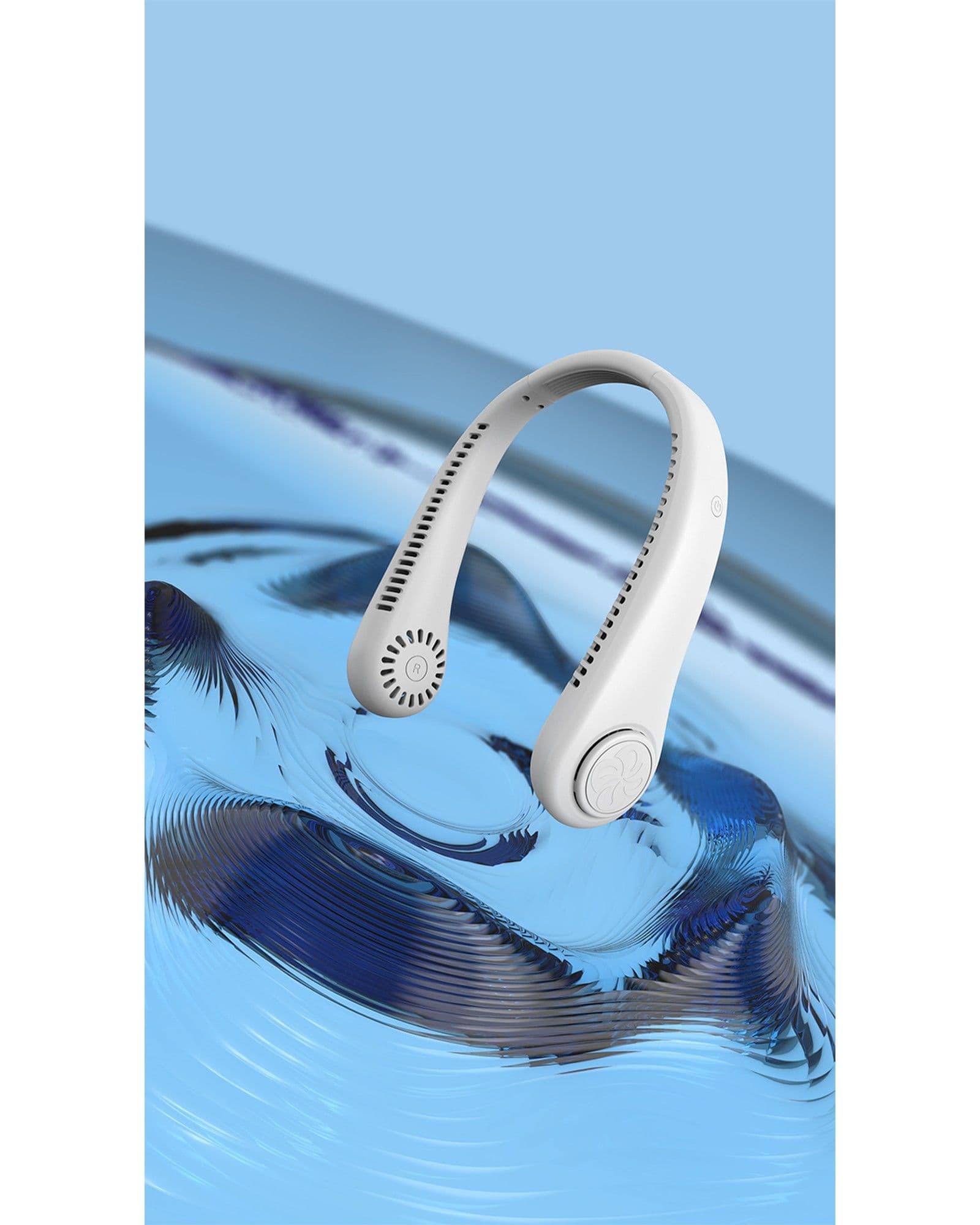 Airbro FNE-100 white wearable neck fan floating above a blue water surface with ripples.