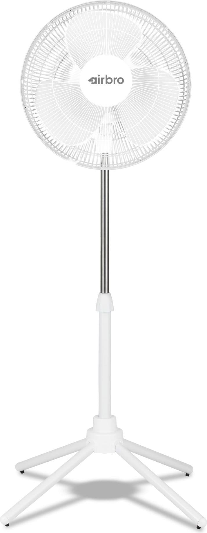 Airbro FS-116 white pedestal fan with a tripod base on a plain white background.