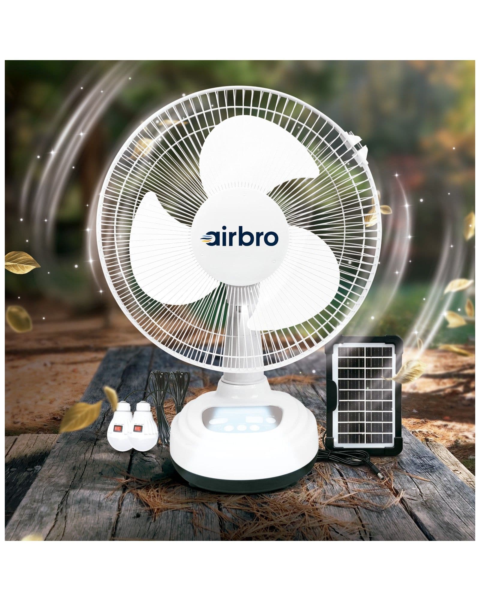 Airbro FSA-12 solar-powered desk fan with two LED bulbs and a solar panel on a rustic wooden table outdoors.