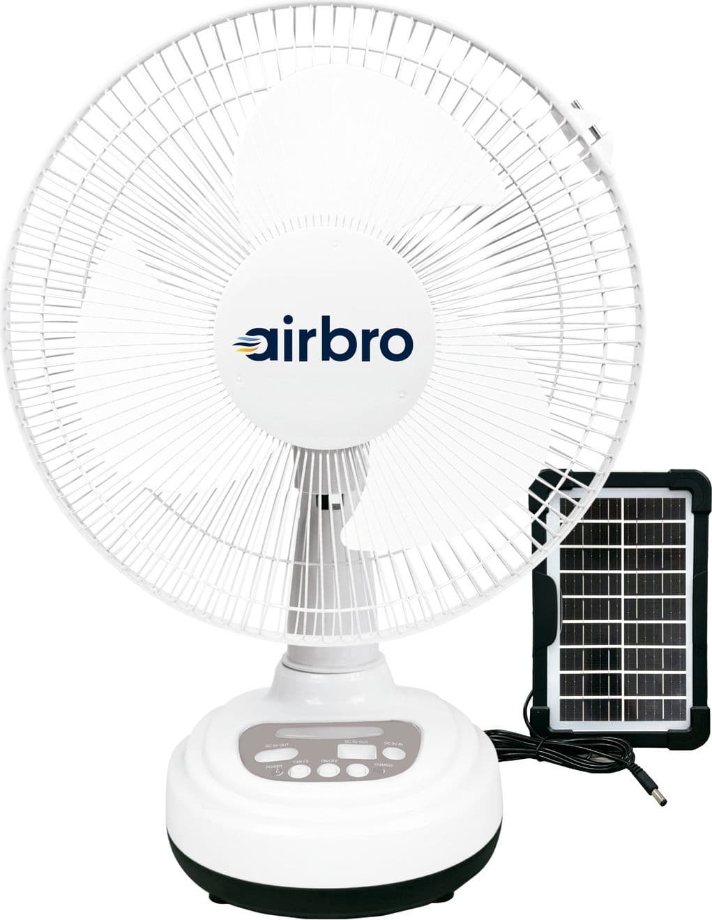 Airbro FSA-12 white desk fan with an attached portable solar panel on a plain white background.