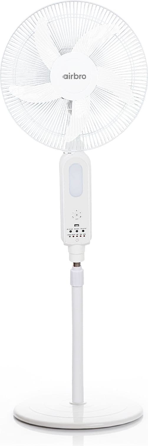 Airbro FSA-160 white pedestal fan with a round base and control panel on the stand, isolated on a white background.