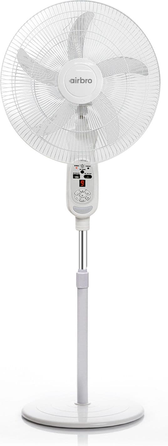 Airbro FSA-180 white pedestal fan with a circular base and control panel on the stand, isolated on white.