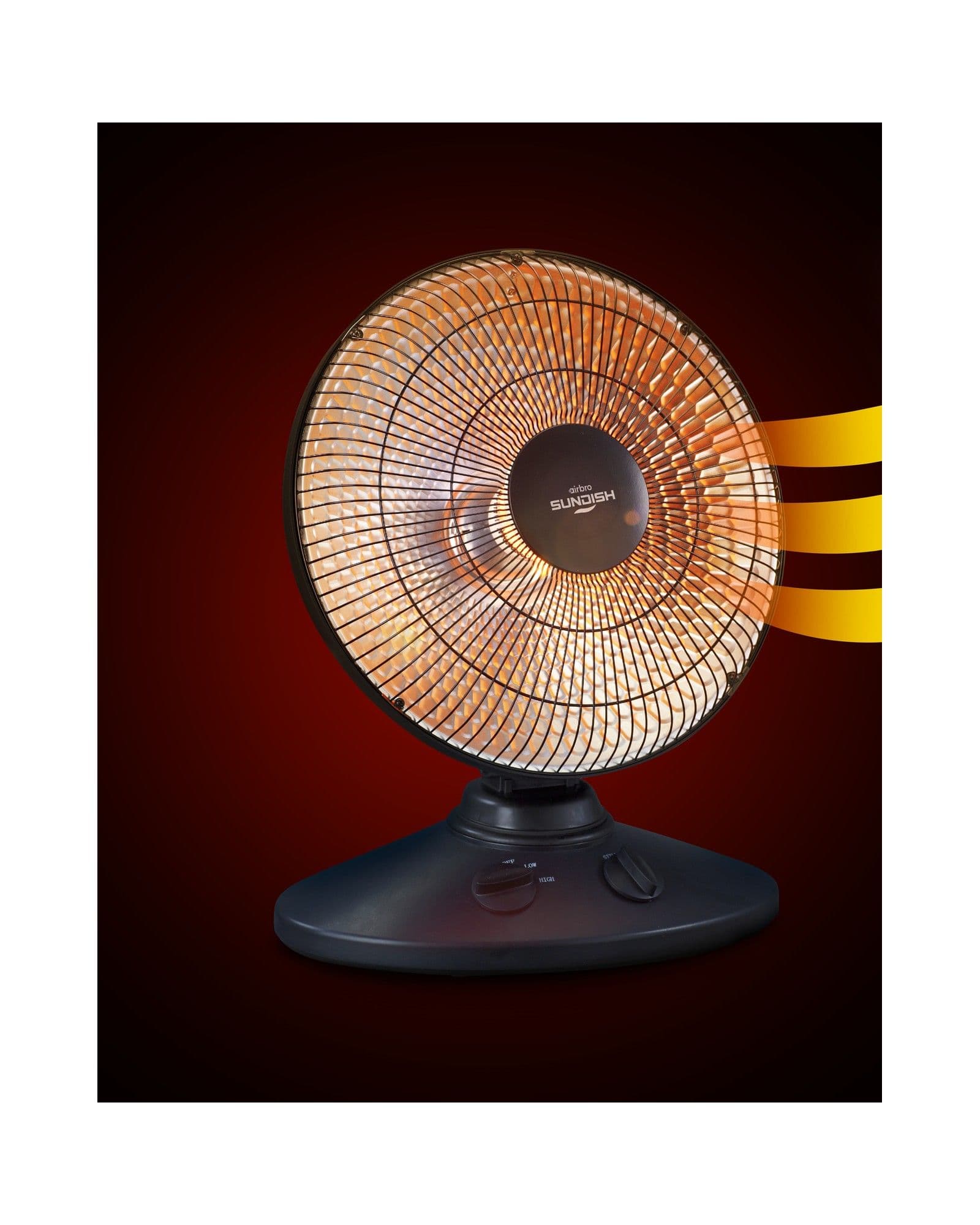 A Sundish electric heater with a glowing orange heating element against a dark background with stylized heat waves.