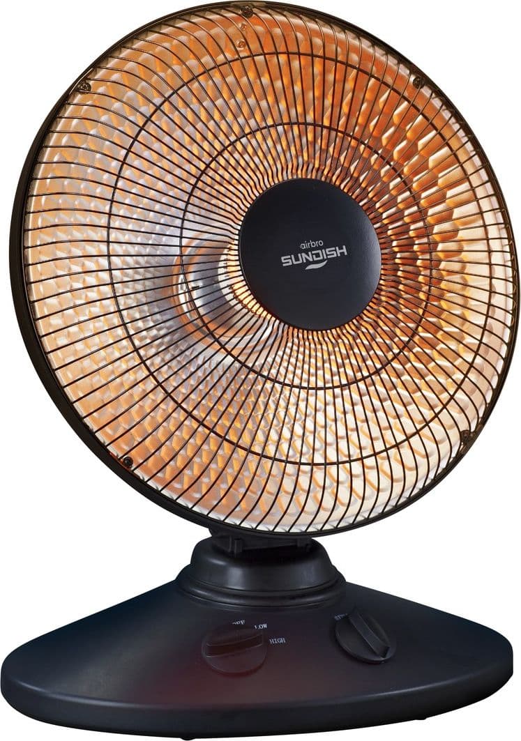 A black Airbro HP-1000 electric heater with a circular glowing orange heating element on a white background.