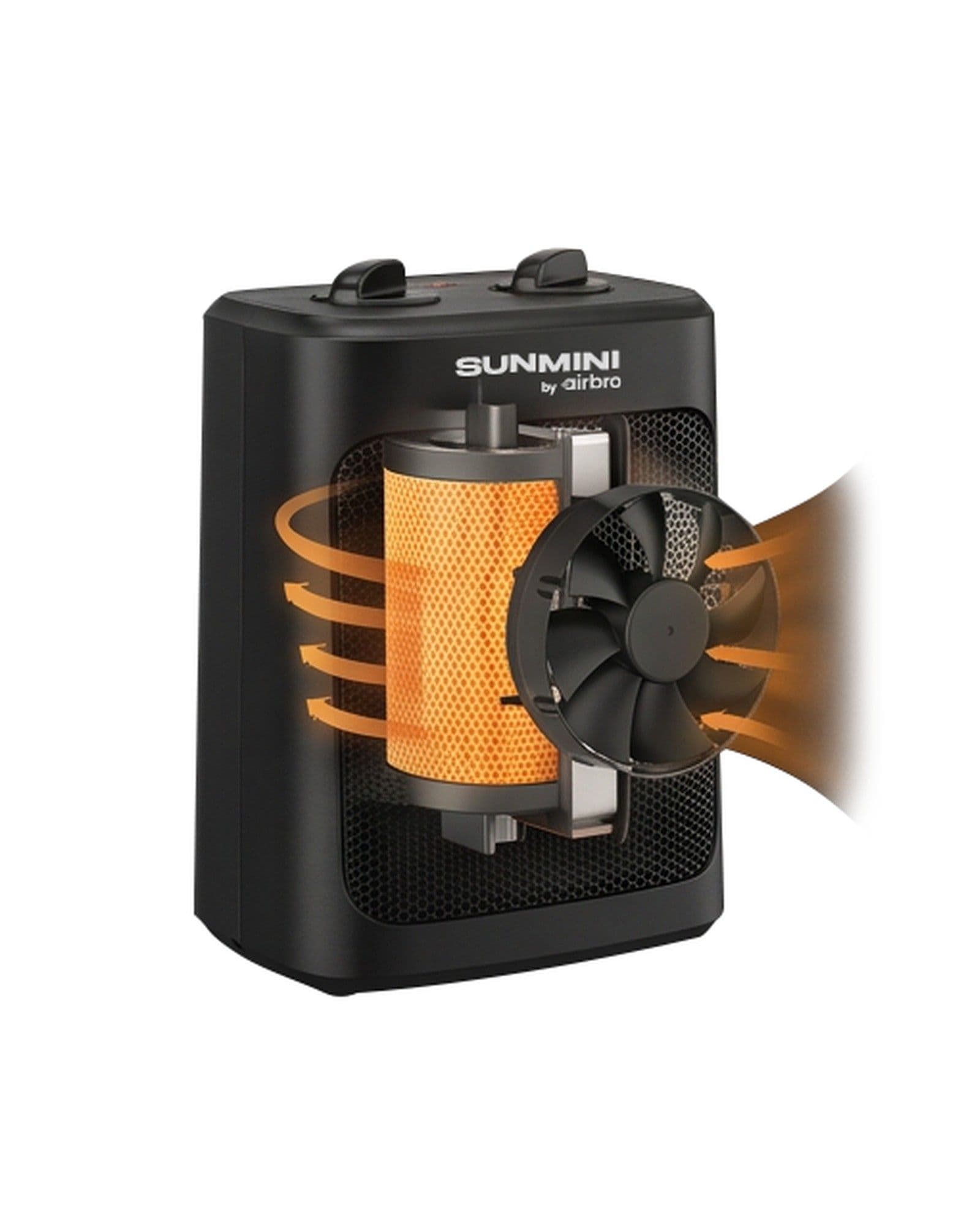 Airbro Sunmini HP-150 space heater with a cutaway view showing the internal heating element and fan.