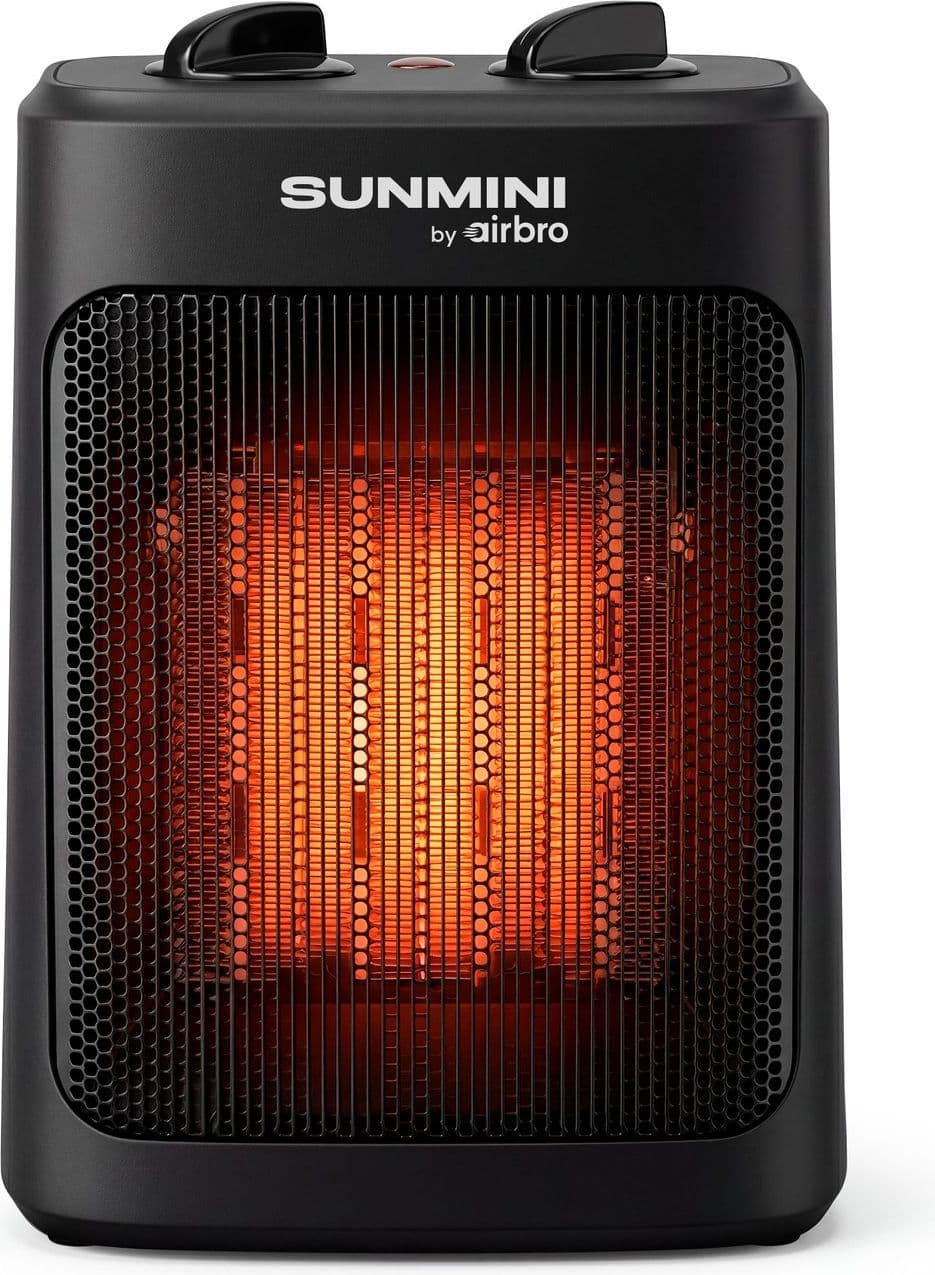 A black Airbro Sunmini portable space heater with a glowing orange heating element on a white background.