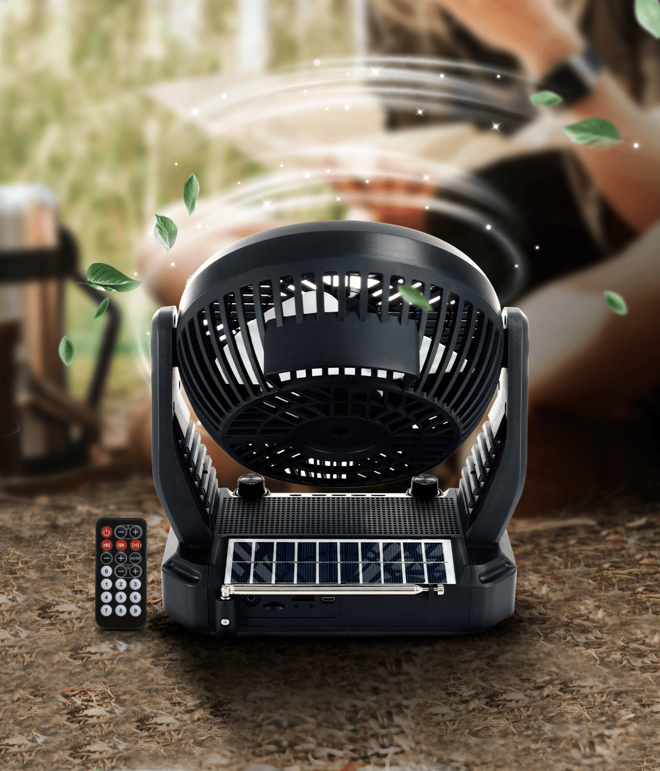 Airbro RXF-40 portable solar-powered fan with remote control, shown in an outdoor setting with floating leaves.