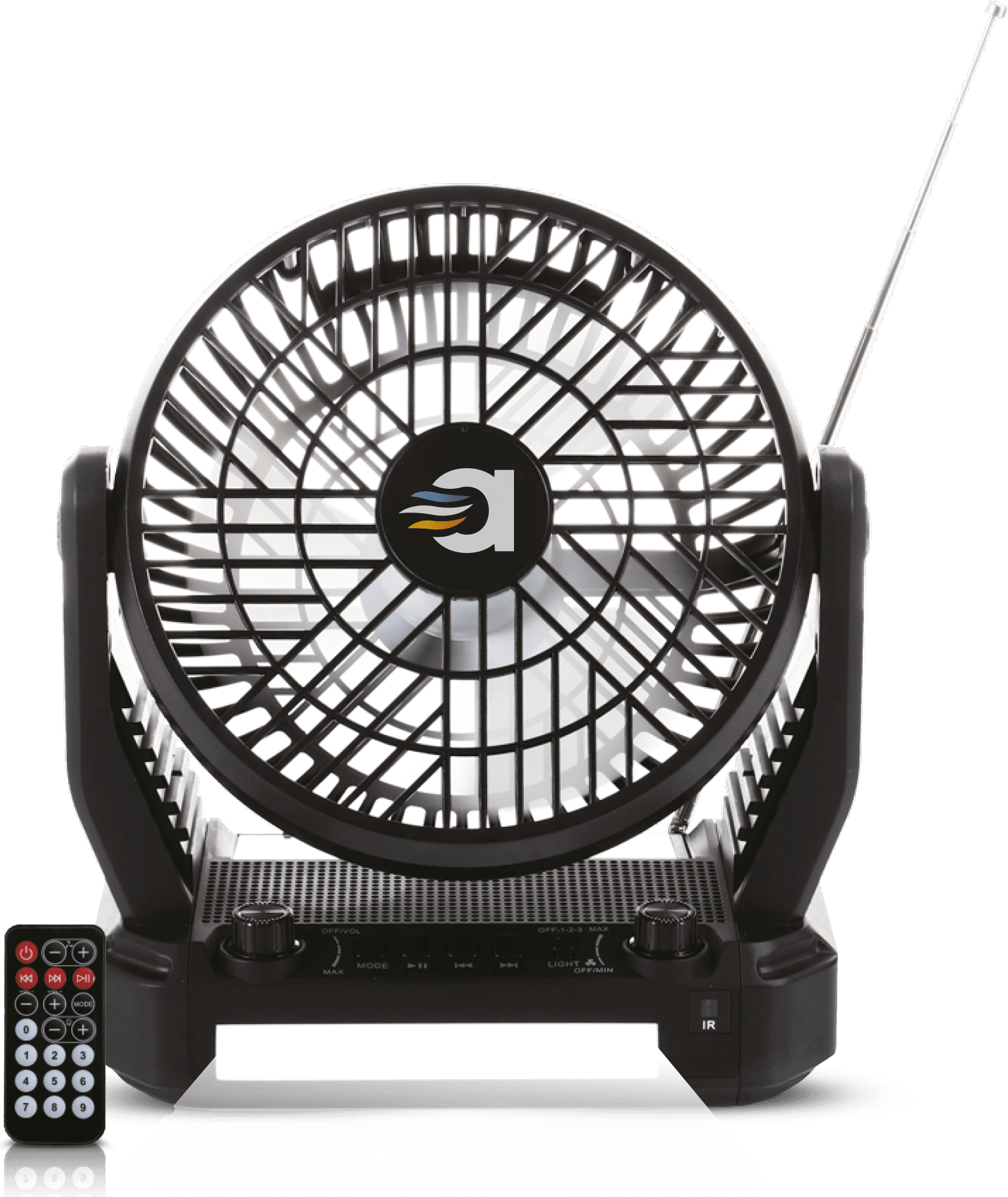 Airbro RXF-40 black portable fan with an extendable antenna and a remote control on a black background.